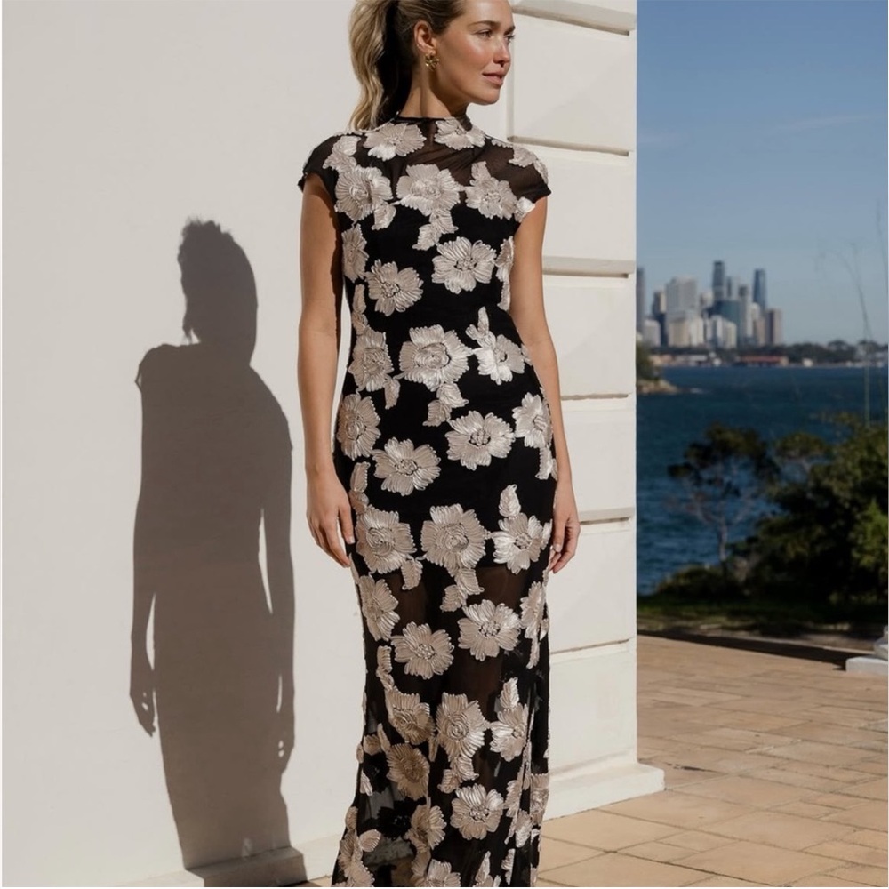 Elliatt Black Maxi Dress with Gold Floral Appliqué